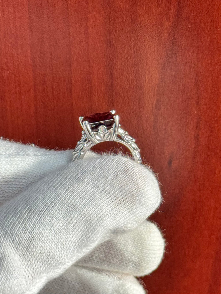 Emerald Cut Garnet and Diamond Ring in Silver – 4.05 Ct Garnet with 0.04 Ct Diamond Accent | January Birthstone Engagement, Cocktail Ring