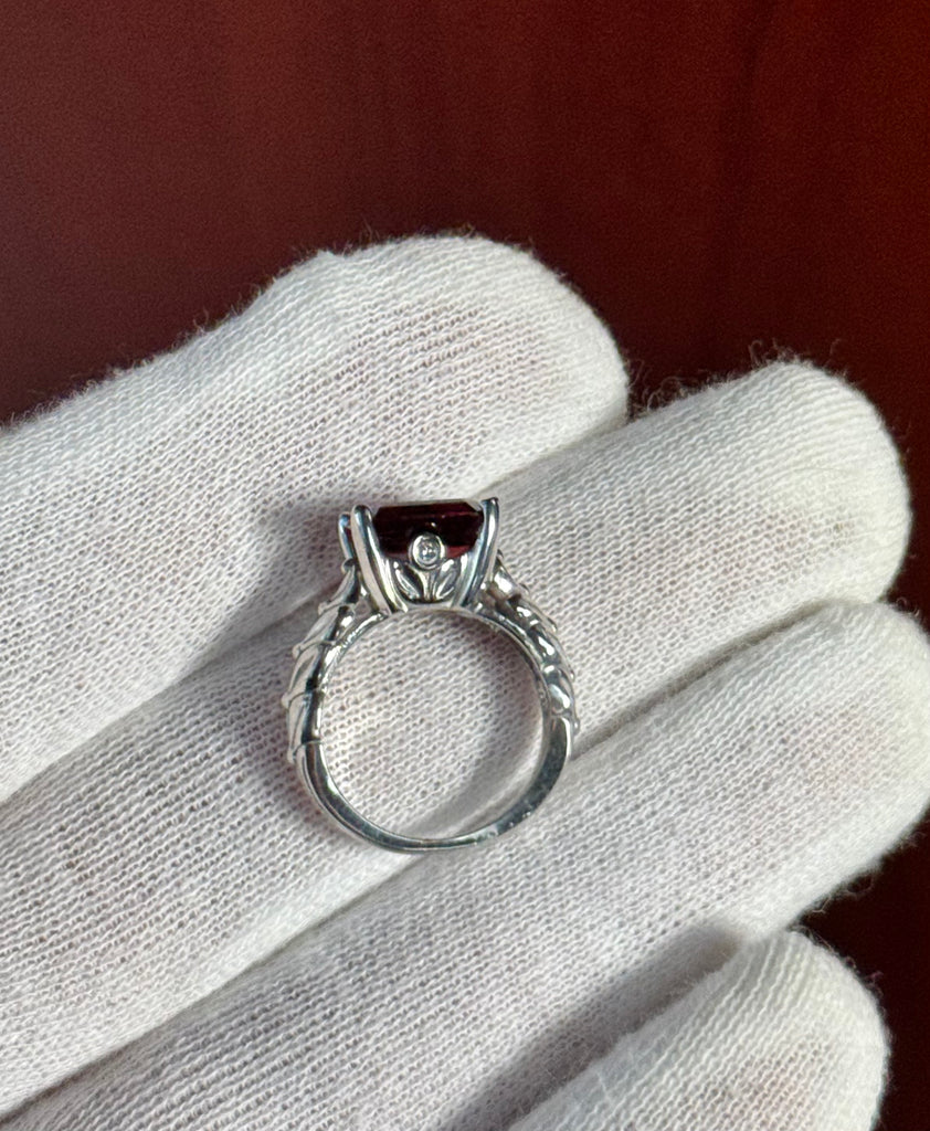 Emerald Cut Garnet and Diamond Ring in Silver – 4.05 Ct Garnet with 0.04 Ct Diamond Accent | January Birthstone Engagement, Cocktail Ring