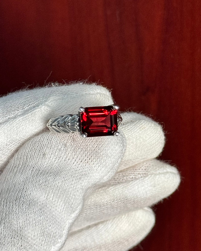 Emerald Cut Garnet and Diamond Ring in Silver – 4.05 Ct Garnet with 0.04 Ct Diamond Accent | January Birthstone Engagement, Cocktail Ring