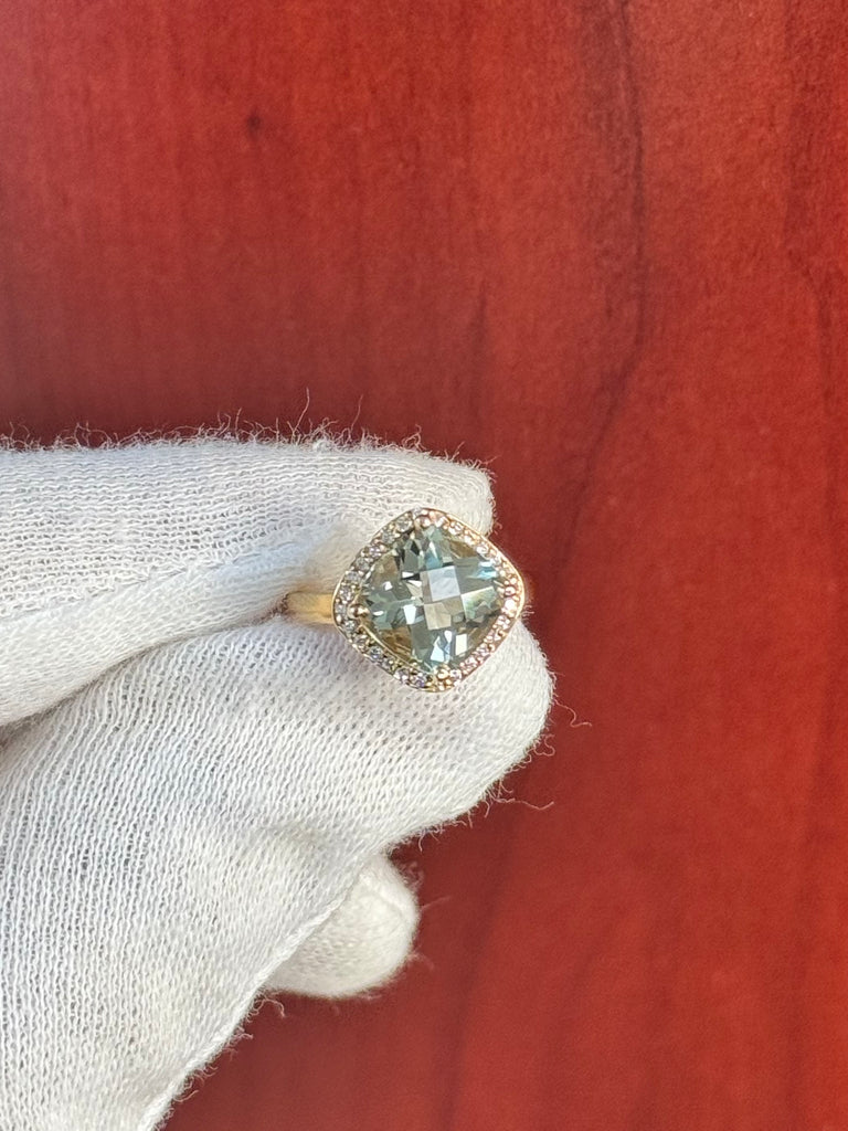 2.99 Ct Green Amethyst & 0.14 Ct Diamond Ring – Cushion Checker Prong Set in 14K Yellow Gold, Size 4.5 | Engagement, Cocktail