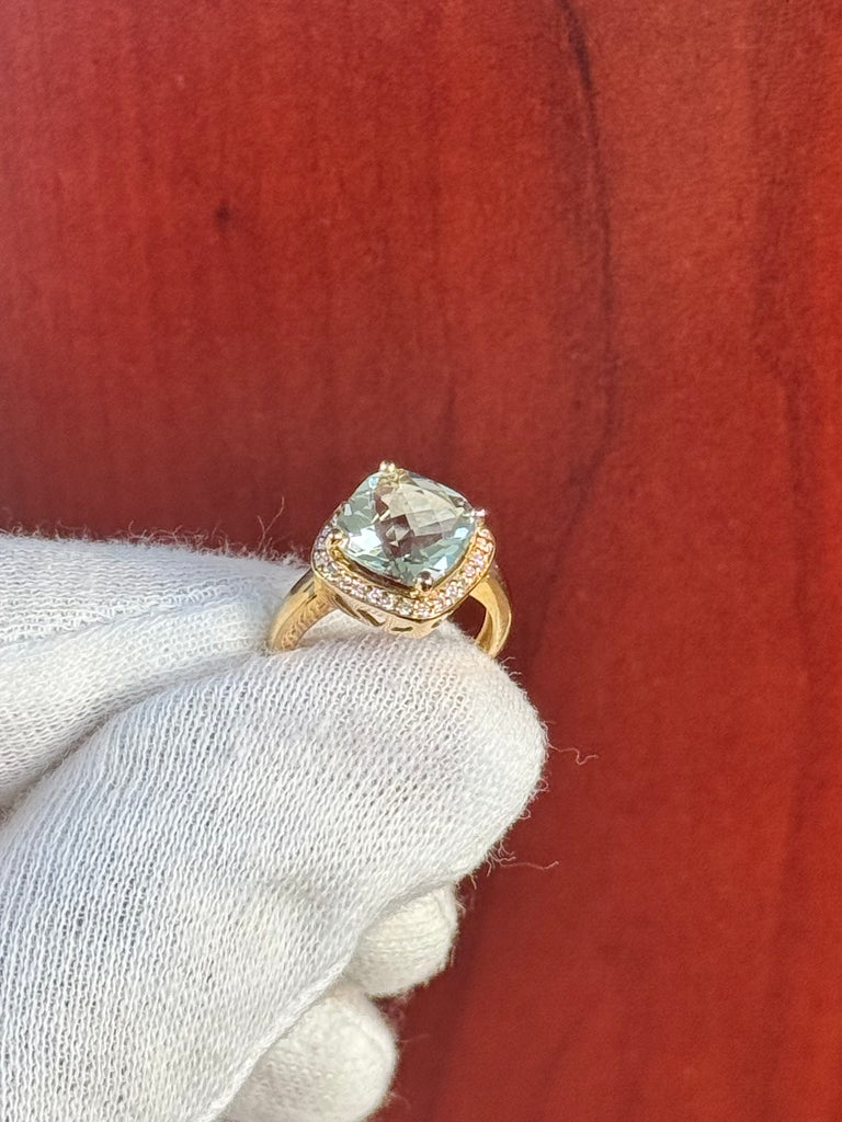 2.99 Ct Green Amethyst & 0.14 Ct Diamond Ring – Cushion Checker Prong Set in 14K Yellow Gold, Size 4.5 | Engagement, Cocktail