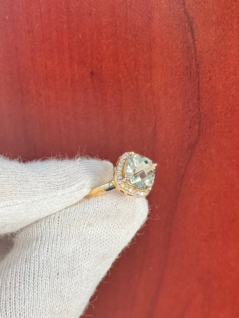 2.99 Ct Green Amethyst & 0.14 Ct Diamond Ring – Cushion Checker Prong Set in 14K Yellow Gold, Size 4.5 | Engagement, Cocktail