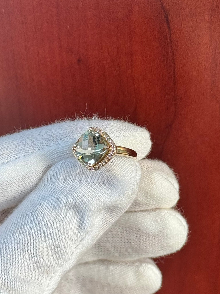 2.99 Ct Green Amethyst & 0.14 Ct Diamond Ring – Cushion Checker Prong Set in 14K Yellow Gold, Size 4.5 | Engagement, Cocktail