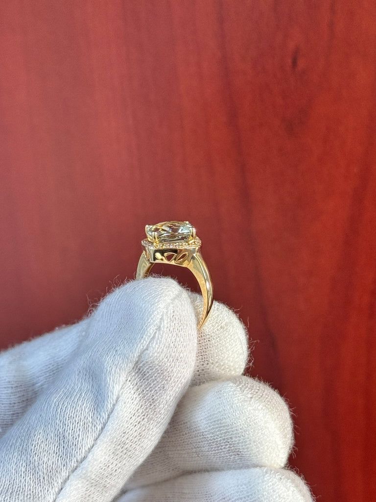 2.99 Ct Green Amethyst & 0.14 Ct Diamond Ring – Cushion Checker Prong Set in 14K Yellow Gold, Size 4.5 | Engagement, Cocktail