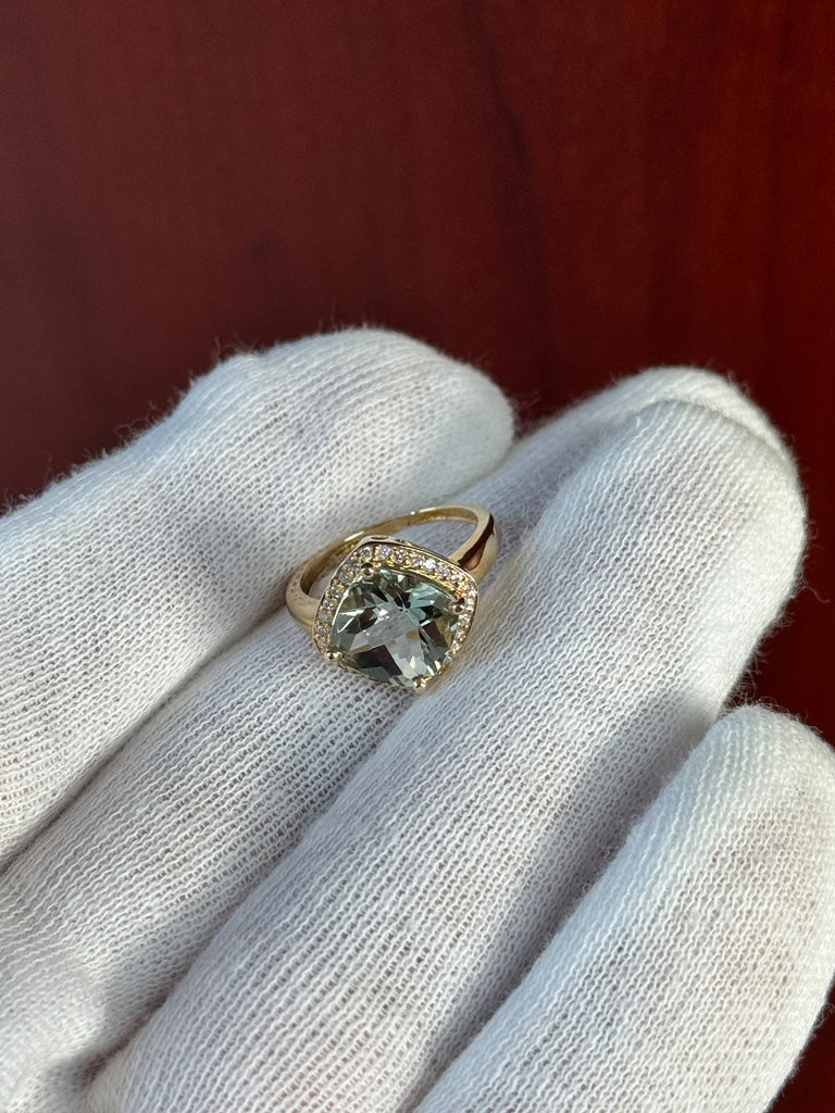 2.99 Ct Green Amethyst & 0.14 Ct Diamond Ring – Cushion Checker Prong Set in 14K Yellow Gold, Size 4.5 | Engagement, Cocktail