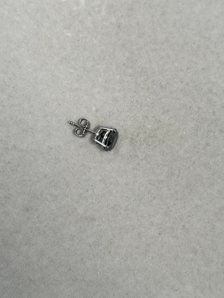 Close Out 1.5 Ct Black Diamond Mens Stud Earring – 6.30–7.51mm AA Round EGL USA Certified in 14K Blackened White Gold, marking on stone.