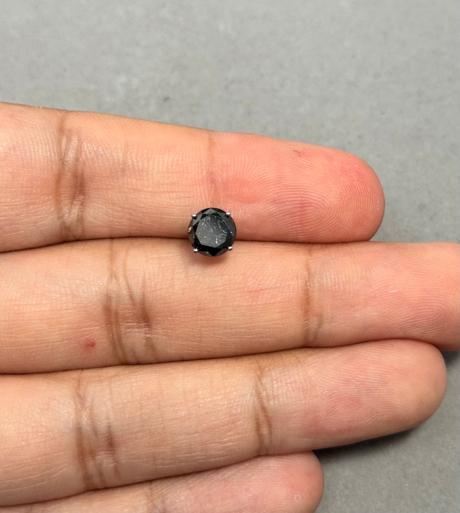 Close Out 1.5 Ct Black Diamond Mens Stud Earring – 6.30–7.51mm AA Round EGL USA Certified in 14K Blackened White Gold, marking on stone.