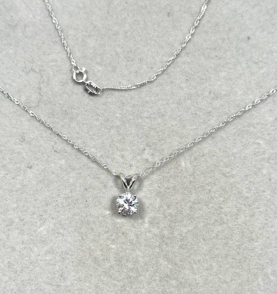 1.15 Ct AAA White Sapphire Solitaire Pendant – 6.5mm Round Gemstone in Platinum with 18-Inch White Gold Chain