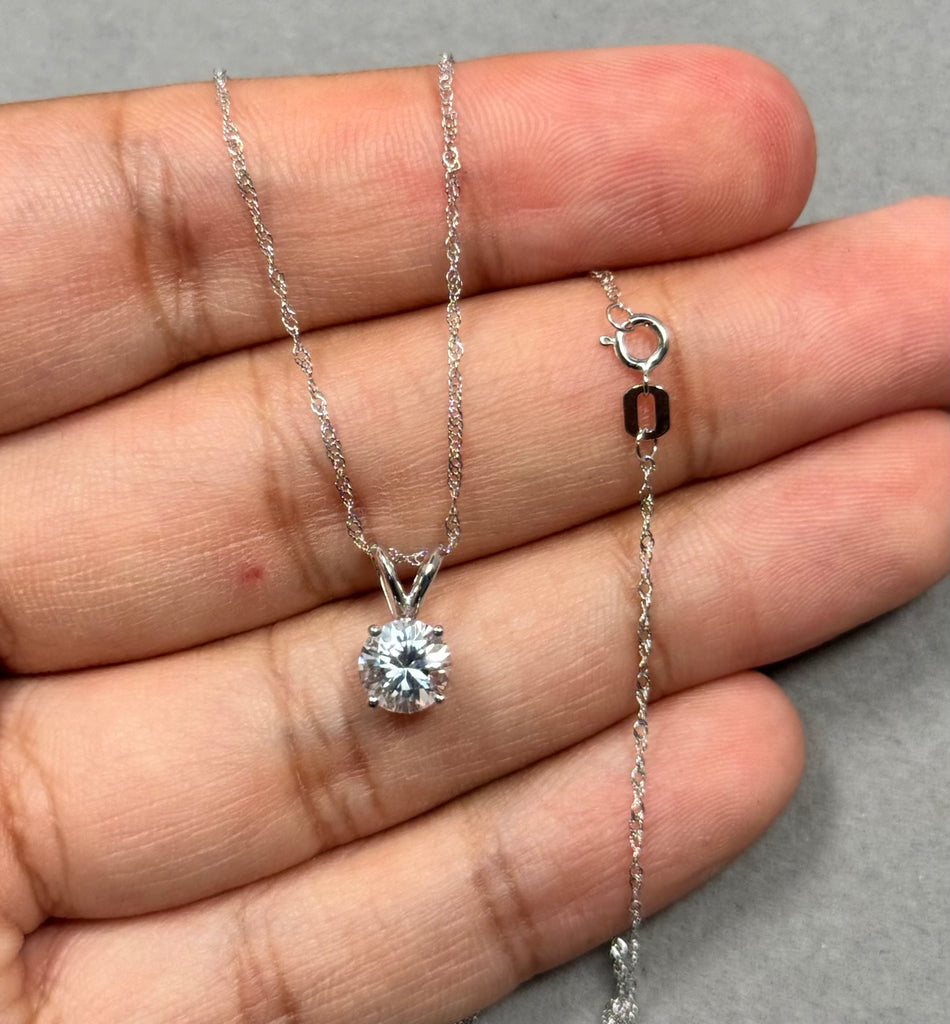 1.15 Ct AAA White Sapphire Solitaire Pendant – 6.5mm Round Gemstone in Platinum with 18-Inch White Gold Chain