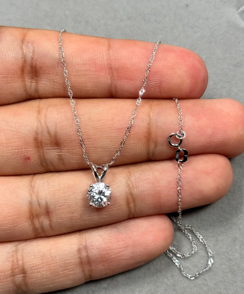 1.15 Ct AAA White Sapphire Solitaire Pendant – 6.5mm Round Gemstone in Platinum with 18-Inch White Gold Chain