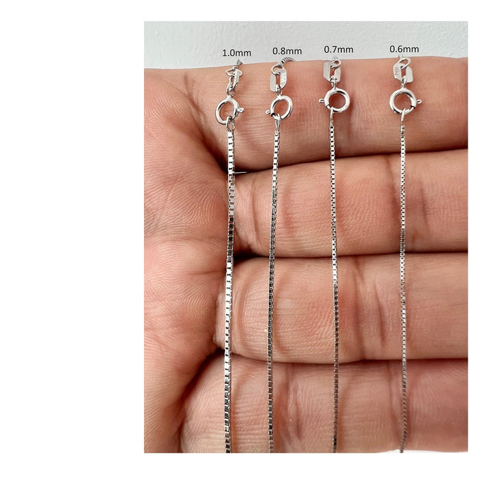 14K White Gold Venetian Box Link Chain Necklace Spring Ring clasp Closure Available in 0.6mm - 1.0mm Thickness