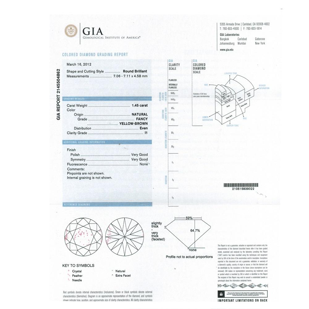 1.45 Cts Natural Fancy Brown Diamond I1 Quality Round Cut
