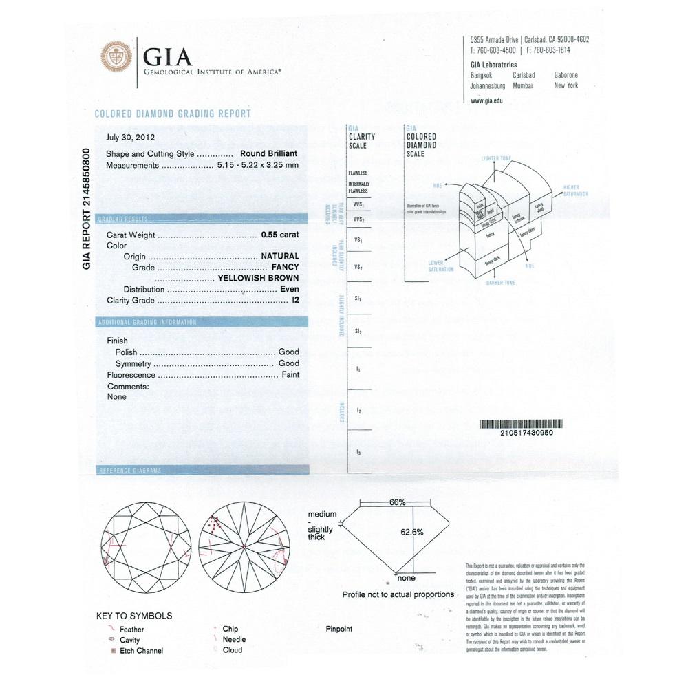 0.55 Cts Natural Fancy Brown Diamond I2 Quality Round Cut