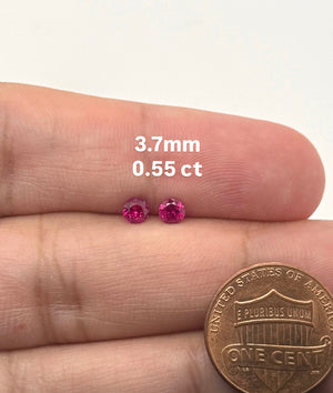 Matching pair of natural ruby round gemstones 3.7mm 0.55 carat total weight