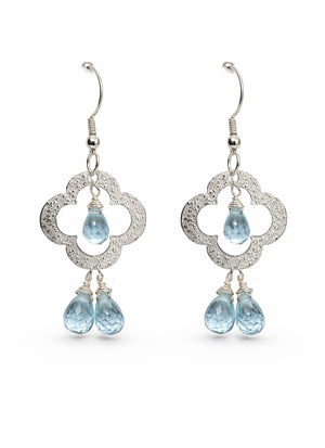 Swiss Blue Topaz Clover Dangle Earrings Sterling Silver | 3–4 Ct Briolette Topaz Earrings | Blue Gemstone Drop Earrings | Statement Jewelry