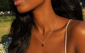 7x5mm Garnet Pendant | 14K White Gold Emerald Scroll Solitaire Necklace — January Birthstone Jewelry