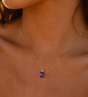 8x6mm Amethyst Pendant | 14K Yellow Gold Emerald Cut Scroll Solitaire Necklace — February Birthstone Jewelry
