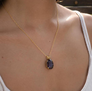 16x12mm Lab Alexandrite Pendant | 14K Yellow Gold Oval Scroll Solitaire Necklace — Color Change Fine Jewelry