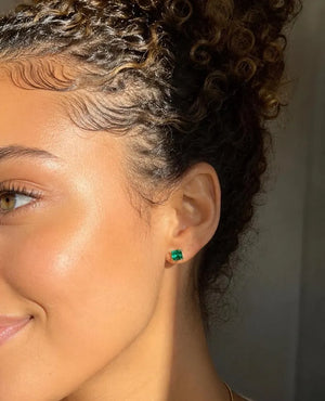 5mm Lab Created Emerald Stud Earrings | 14K Yellow Gold Princess Cut Earrings — Minimalist Gift Ideas