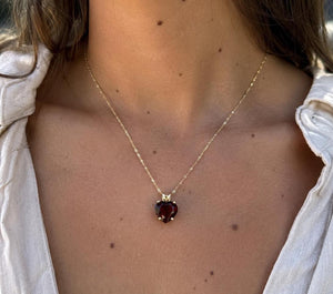 10 mm Natural Garnet Heart Pendant | 14K Yellow Gold AAA Heart Solitaire Necklace Gift for Her