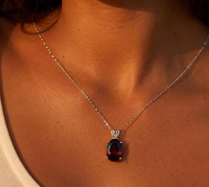 14x10mm Garnet Pendant | 14K White Gold Oval Scroll Solitaire Necklace — January Birthstone Jewelry