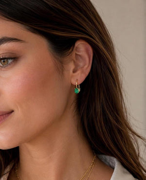 7x5mm Natural Emerald Scroll Leverback Earrings | 14K Yellow Gold Oval Emerald Earrings — Elegant Gift for Her