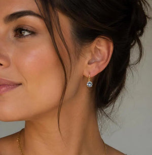 6mm Natural Aquamarine Scroll Leverback Earrings | 14K Yellow Gold Round Aquamarine Earrings — Minimalist Gift for Her
