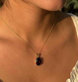 14x10mm Garnet Pendant | 14K Yellow Gold Oval Scroll Solitaire Necklace — January Birthstone Jewelry