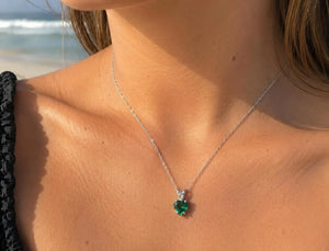 7mm Heart Lab Created Emerald Pendant | 14K White Gold Scroll Solitaire Necklace — May Birthstone Jewelry
