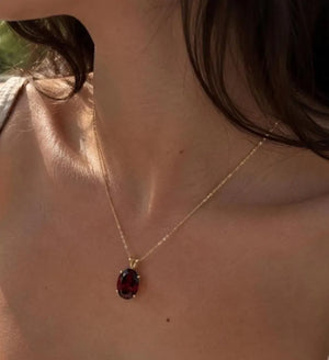 14x10mm Garnet Pendant | 14K Yellow Gold Oval Solitaire Necklace — January Birthstone Jewelry