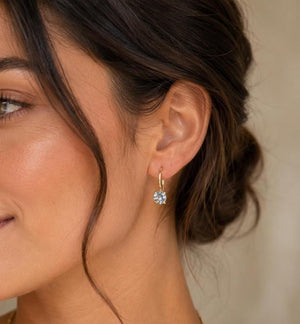 7mm Natural Aquamarine Scroll Leverback Earrings | 14K Yellow Gold Round Aquamarine Earrings — Minimalist Gift Idea