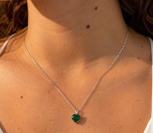 9mm Heart Lab Created Emerald Pendant | 14K White Gold Scroll Solitaire Necklace — May Birthstone Jewelry