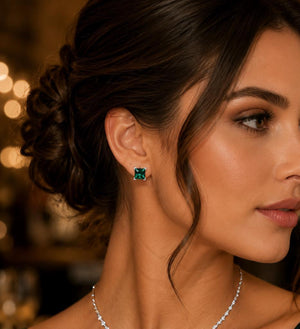 8mm Lab Created Emerald Scroll Stud Earrings | 14K White Gold Princess Cut Earrings