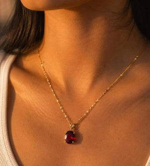 12x10mm Garnet Pendant | 14K Yellow Gold Oval Scroll Solitaire Necklace — January Birthstone Jewelry