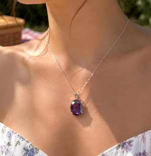 16x12mm Lab Created Alexandrite Solitaire Pendant | 14K White Gold Oval Alexandrite Necklace