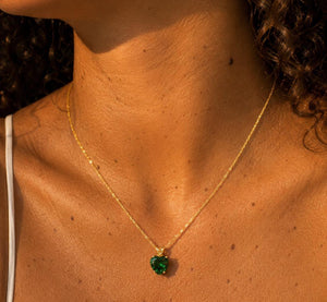 9mm Heart Lab Created Emerald Pendant | 14K Yellow Gold Scroll Solitaire Necklace — May Birthstone Jewelry
