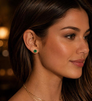 7mm Lab Created Emerald Stud Earrings | 14K Yellow Gold Round Earrings — Elegant Gift for Her