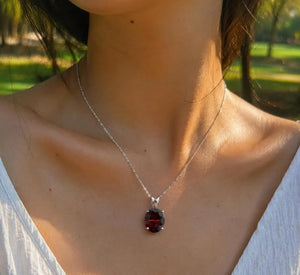 12x10mm Garnet Pendant | 14K White Gold Oval Scroll Solitaire Necklace — January Birthstone Jewelry