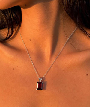 10x8mm Garnet Pendant | 14K White Gold Emerald Scroll Solitaire Necklace — January Birthstone Jewelry