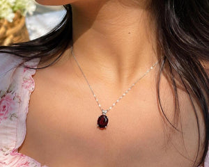 12x10mm Garnet Pendant | Platinum Oval Scroll Solitaire Necklace — January Birthstone Jewelry