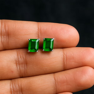 Natural Emerald Stud Earrings 18K White Gold – 7x5mm Emerald Cut AA Grade – Scroll Design – 1.83-2.25 CT – May Birthstone Jewelry