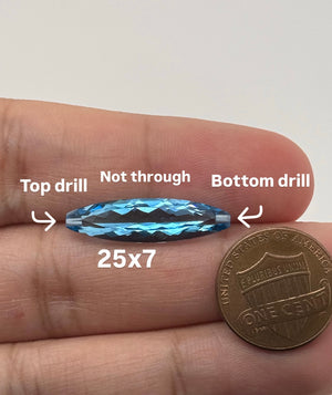 Natural Swiss Blue Topaz 25x7mm marquise briolette AAA quality, top and bottom drilled loose gemstone for pendant and fine jewelry making.