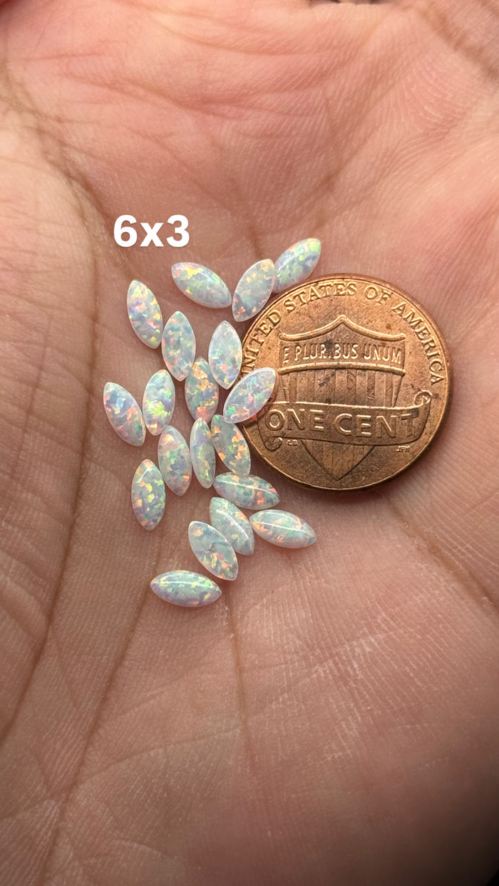 Synthetic white opal marquise shape cabochon available in 6x3mm - 12x6mm