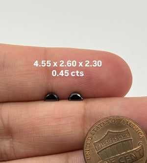 Matched natural black diamond half moon loose gemstone pair, 0.45ct total, curved precision cut diamonds for modern fine jewelry making.