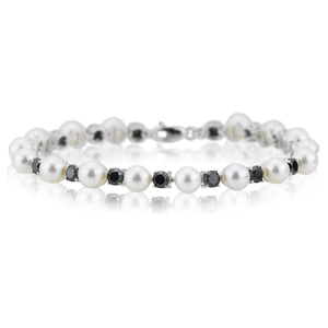3.40 Cts Black Diamond & Akoya Cultured Pearl Bracelet in 14K White Gold