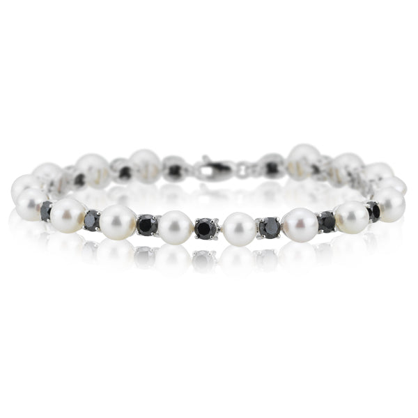 3.40 Cts Black Diamond & Akoya Cultured Pearl Bracelet in 14K White Gold