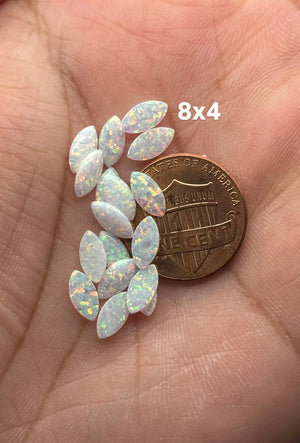 Synthetic white opal marquise shape cabochon available in 6x3mm - 12x6mm