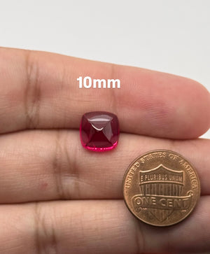 Square Sugarloaf Synthetic Ruby loose gemstone in deep ruby red, lab created cabochon available in 5mm and 10mm for custom jewelry making.