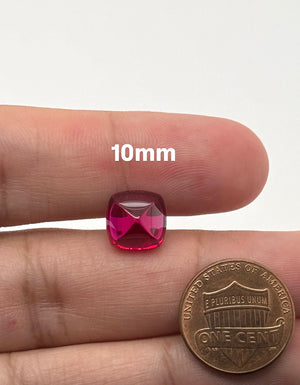 Square Sugarloaf #7 Synthetic Ruby loose gemstone with rich ruby-red color, lab created cabochon available in 5mm and 10mm for jewelry making.
