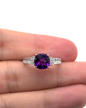Cushion cut amethyst diamond ring in 14K white gold antique filigree design